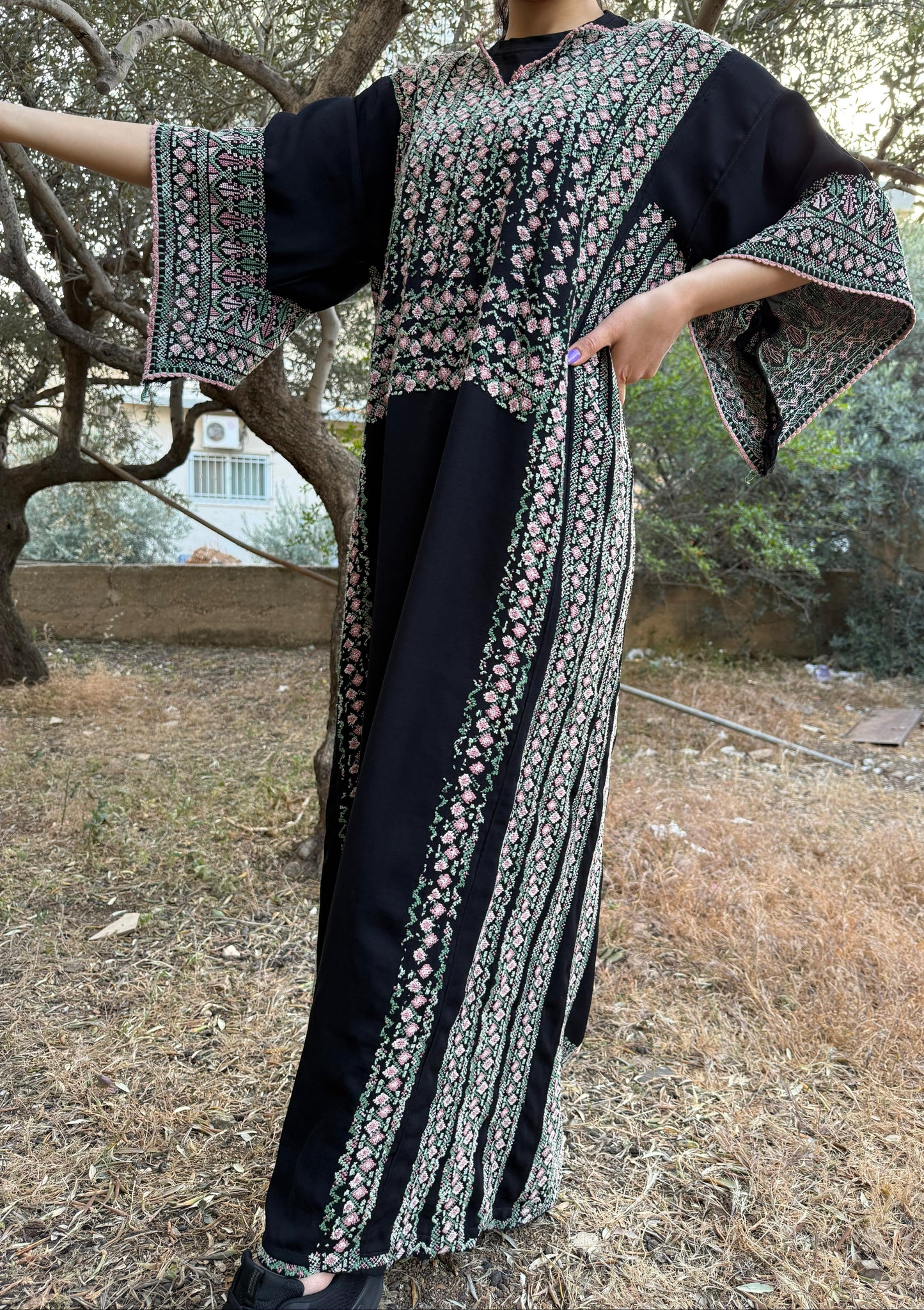 Handwoven Palestinian Thobe – Black with Colorful Tatreez