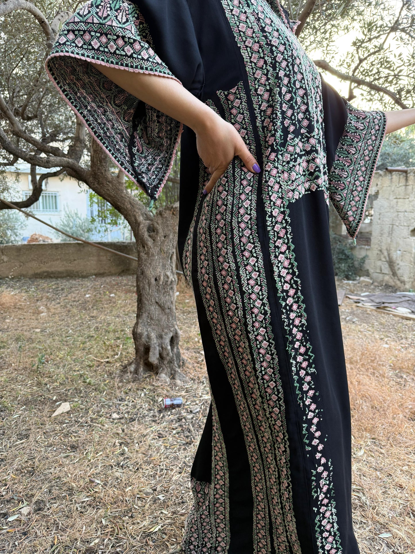 Handwoven Palestinian Thobe – Black with Colorful Tatreez