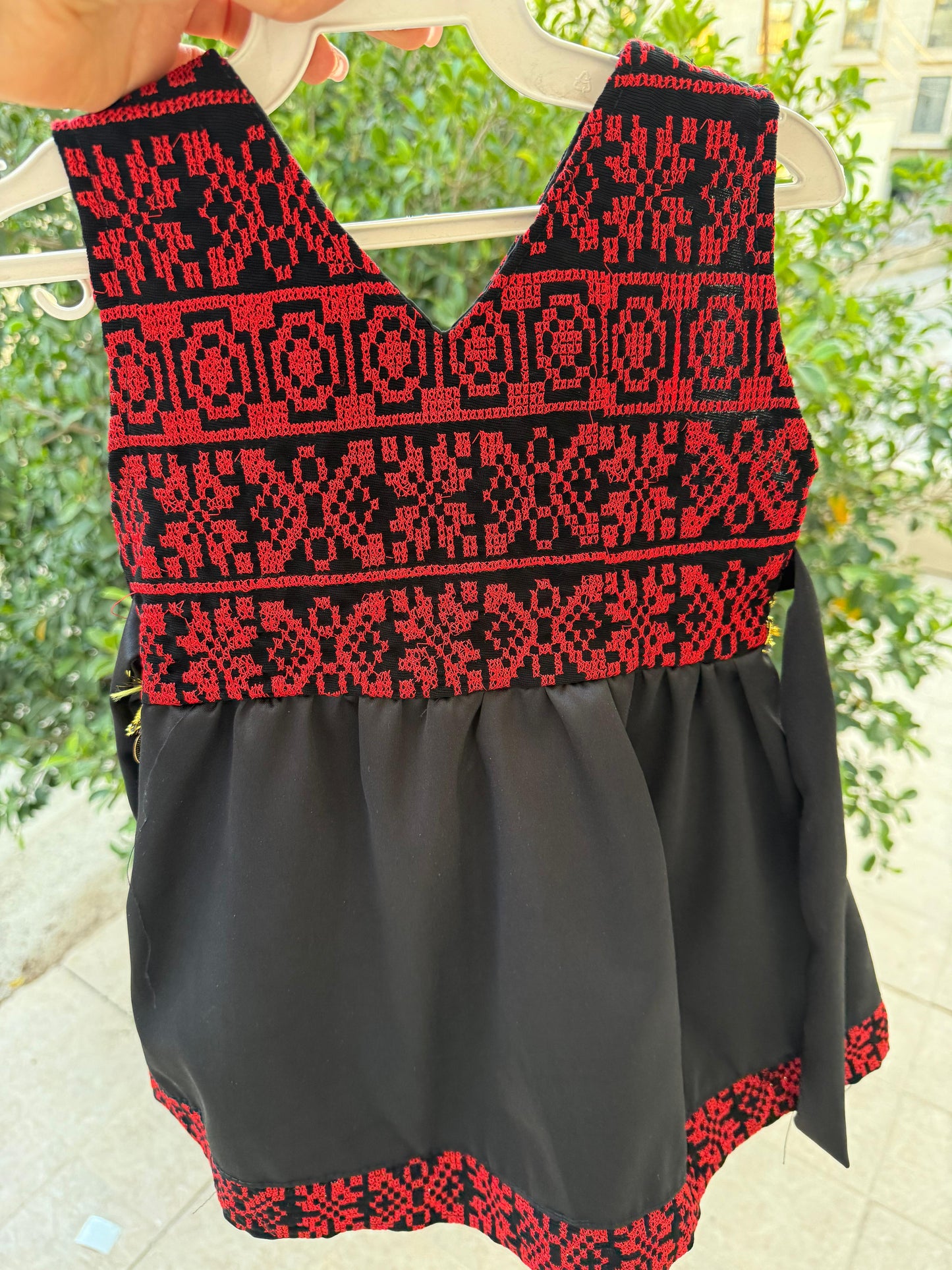 Girls’ Traditional Thobe Dress – Black with Red Embroidery