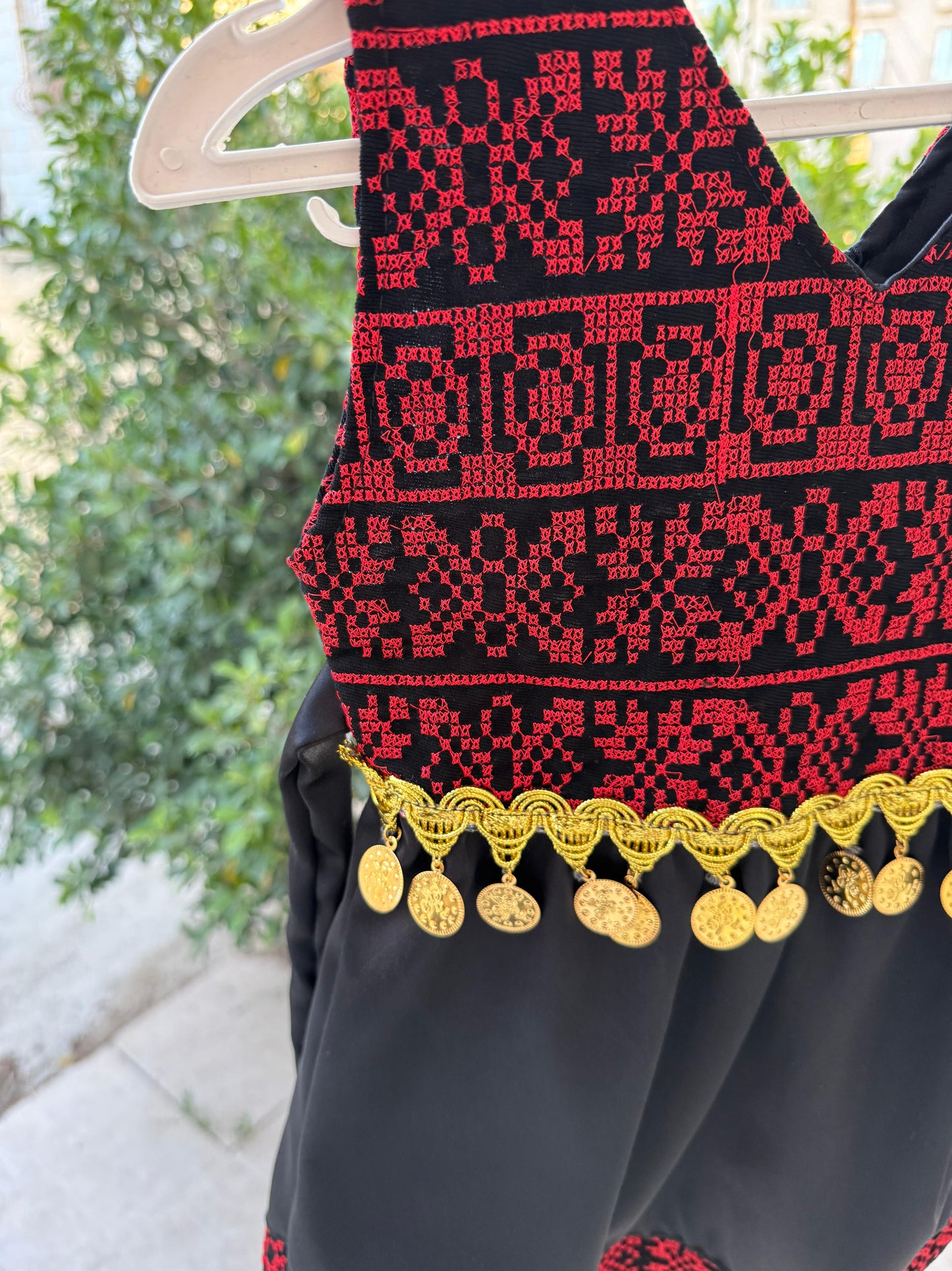 Girls’ Traditional Thobe Dress – Black with Red Embroidery
