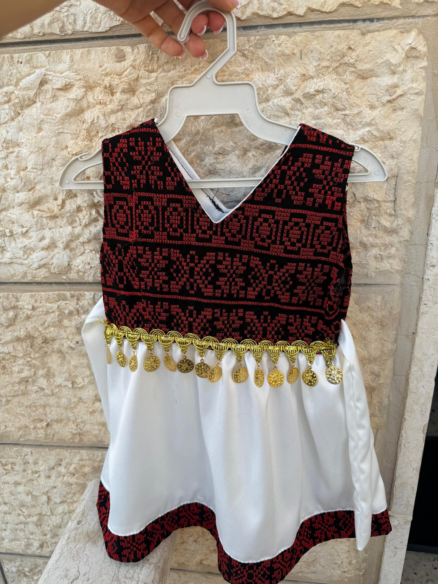 Girls’ Traditional Thobe Dress – White with Red Embroidery