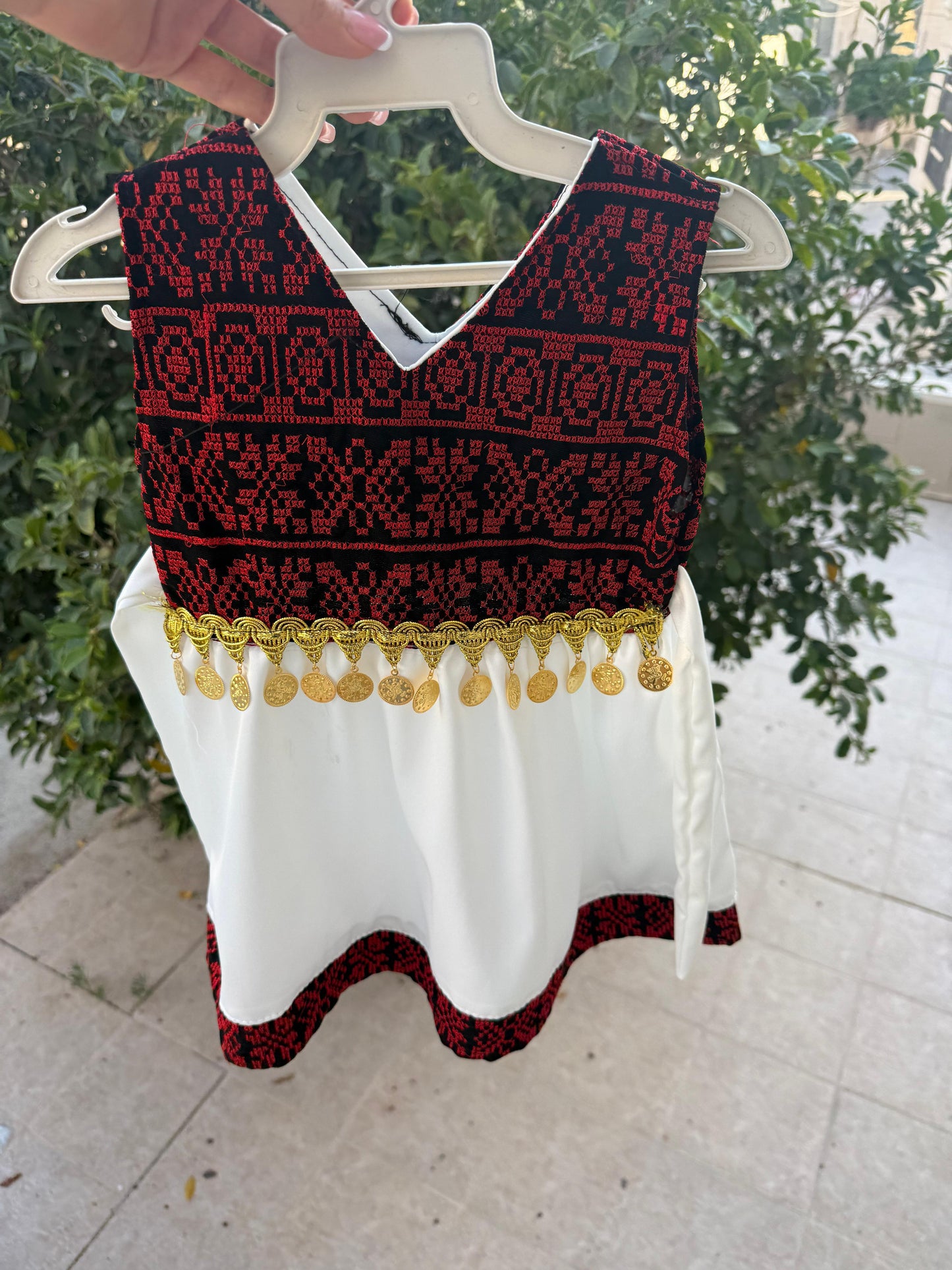 Girls’ Traditional Thobe Dress – White with Red Embroidery