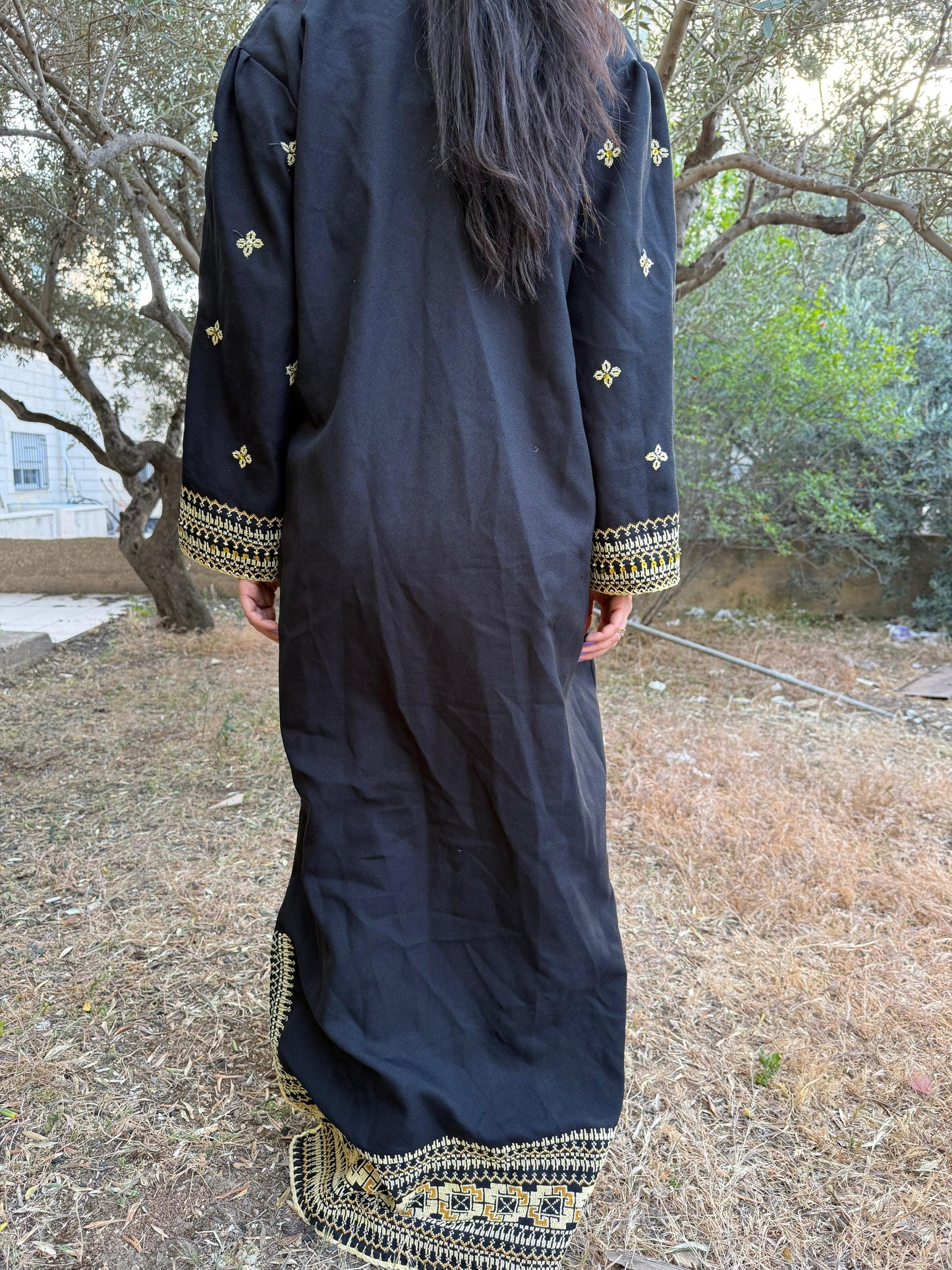 Handwoven Thobe – Black with Exceptional Yellow Tatreez