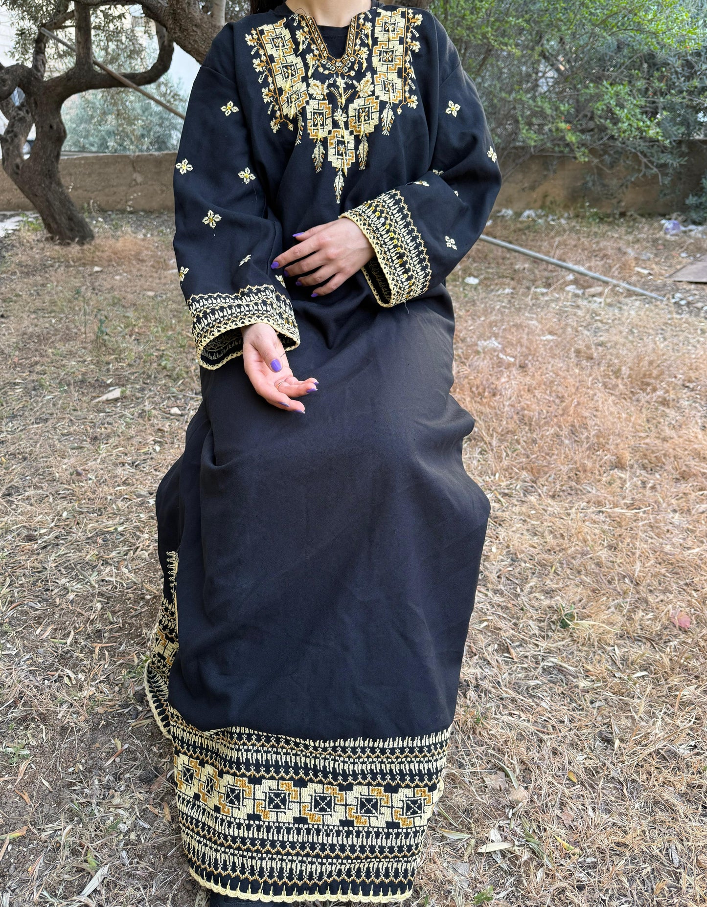 Handwoven Thobe – Black with Exceptional Yellow Tatreez