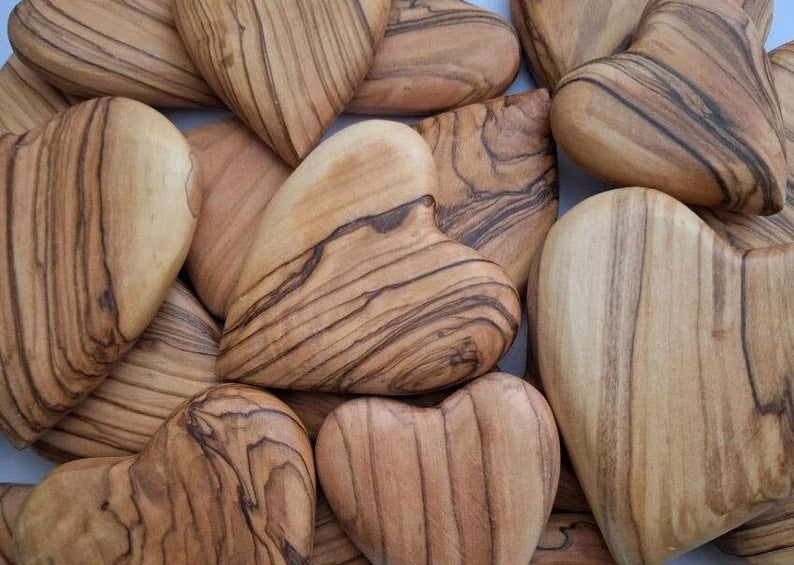 Unique Olive Wood Flat Hearts from Holyland - Available in Various Sizes and Quantities