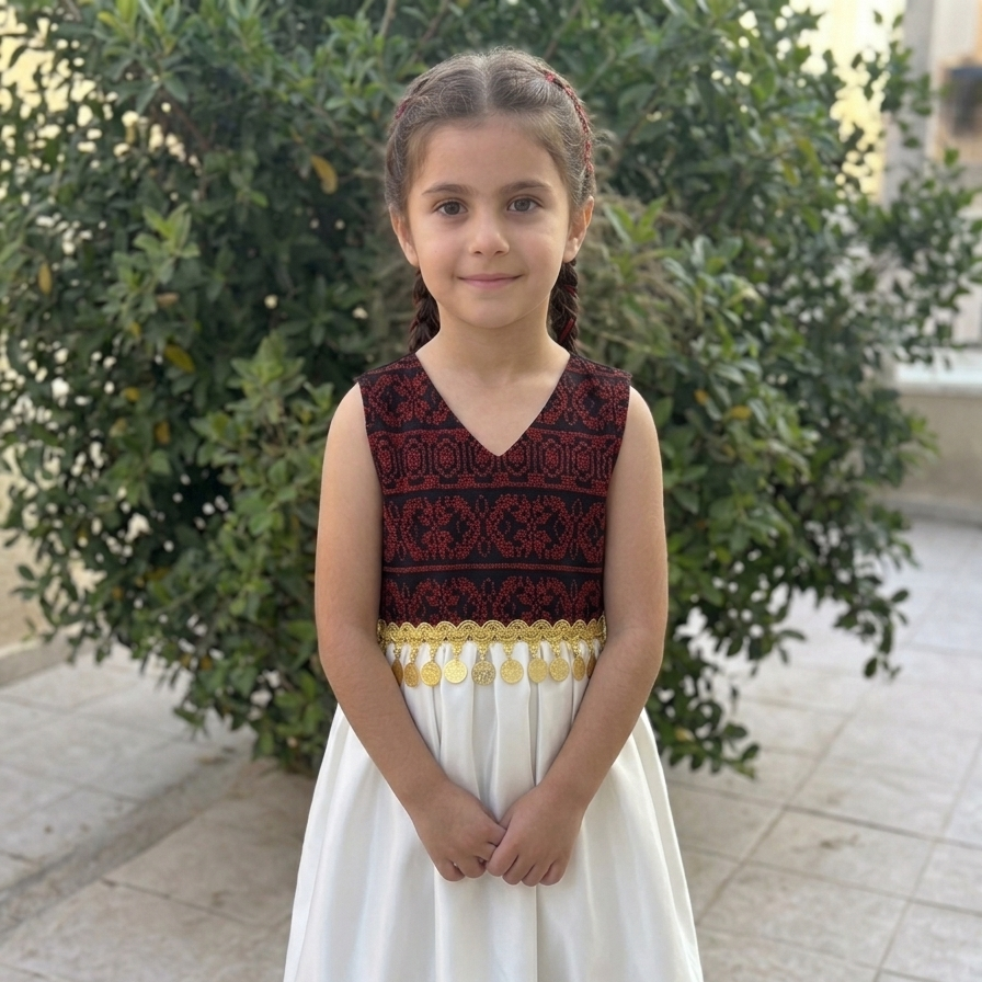 Girls’ Traditional Dress - White with Red and Black Embroidery Thobe