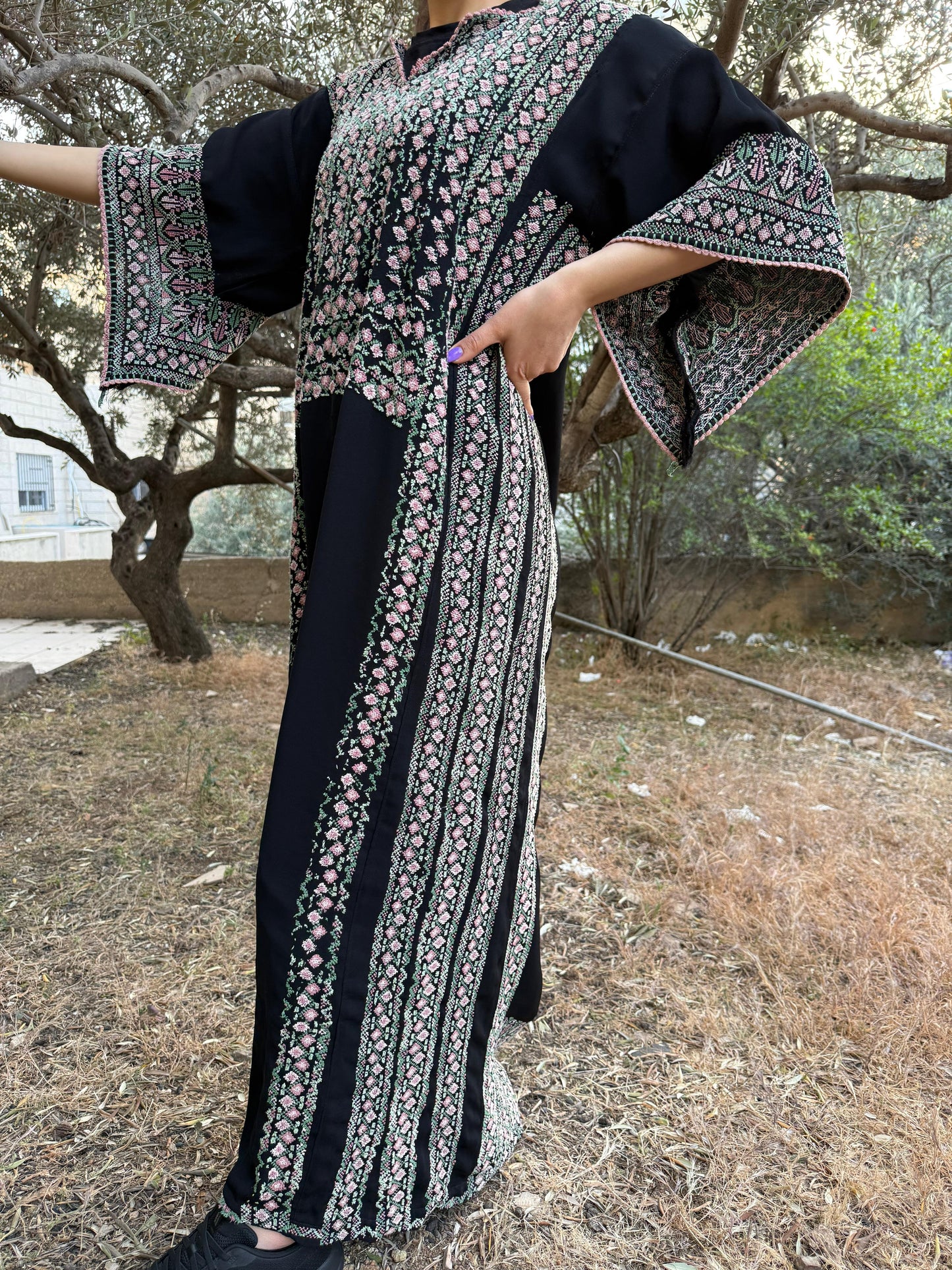 Handwoven Palestinian Thobe – Black with Colorful Tatreez