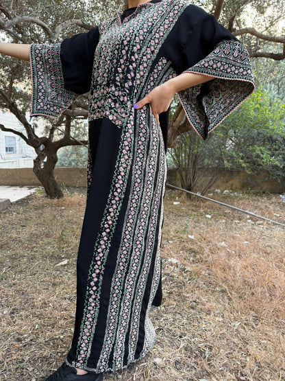 Handwoven Palestinian Thobe – Black with Colorful Tatreez