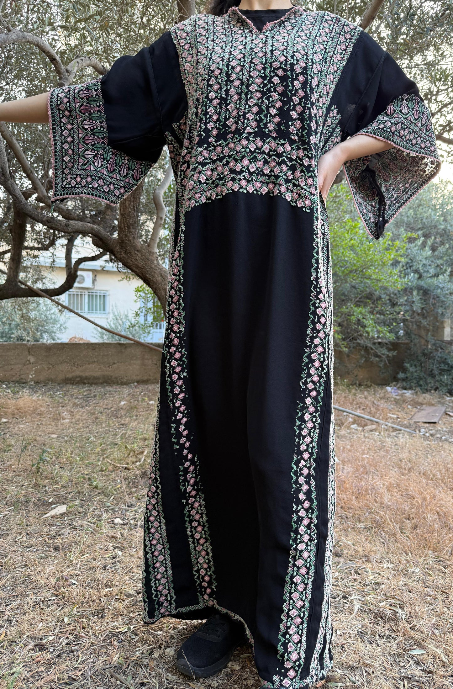 Handwoven Palestinian Thobe – Black with Colorful Tatreez