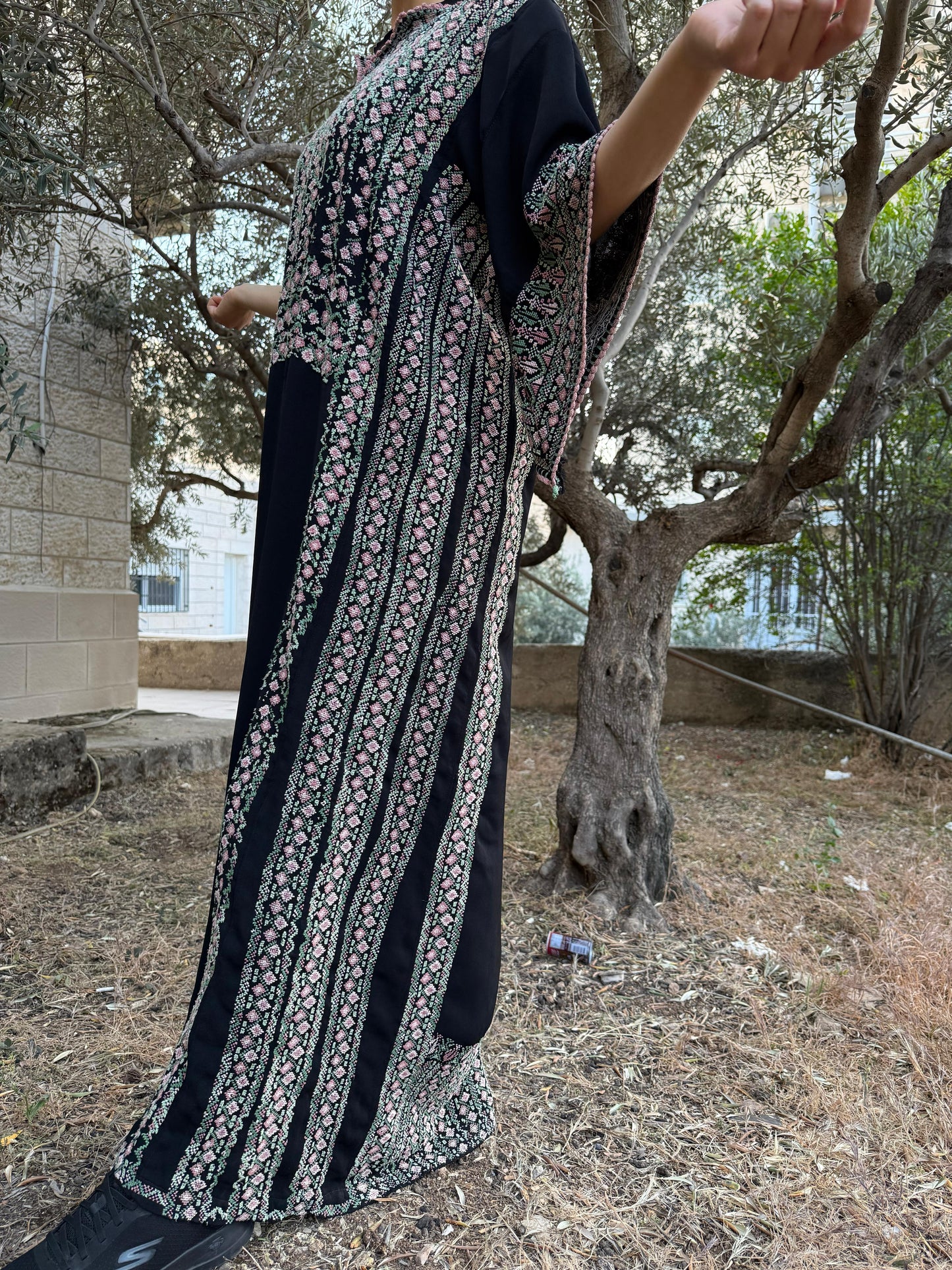Handwoven Palestinian Thobe – Black with Colorful Tatreez