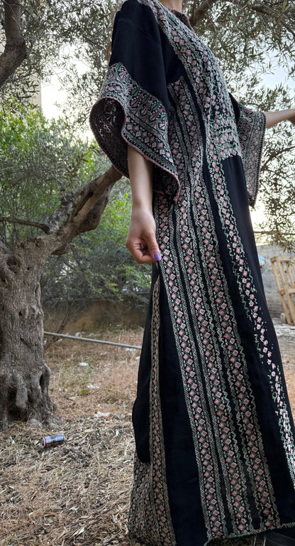 Handwoven Palestinian Thobe – Black with Colorful Tatreez