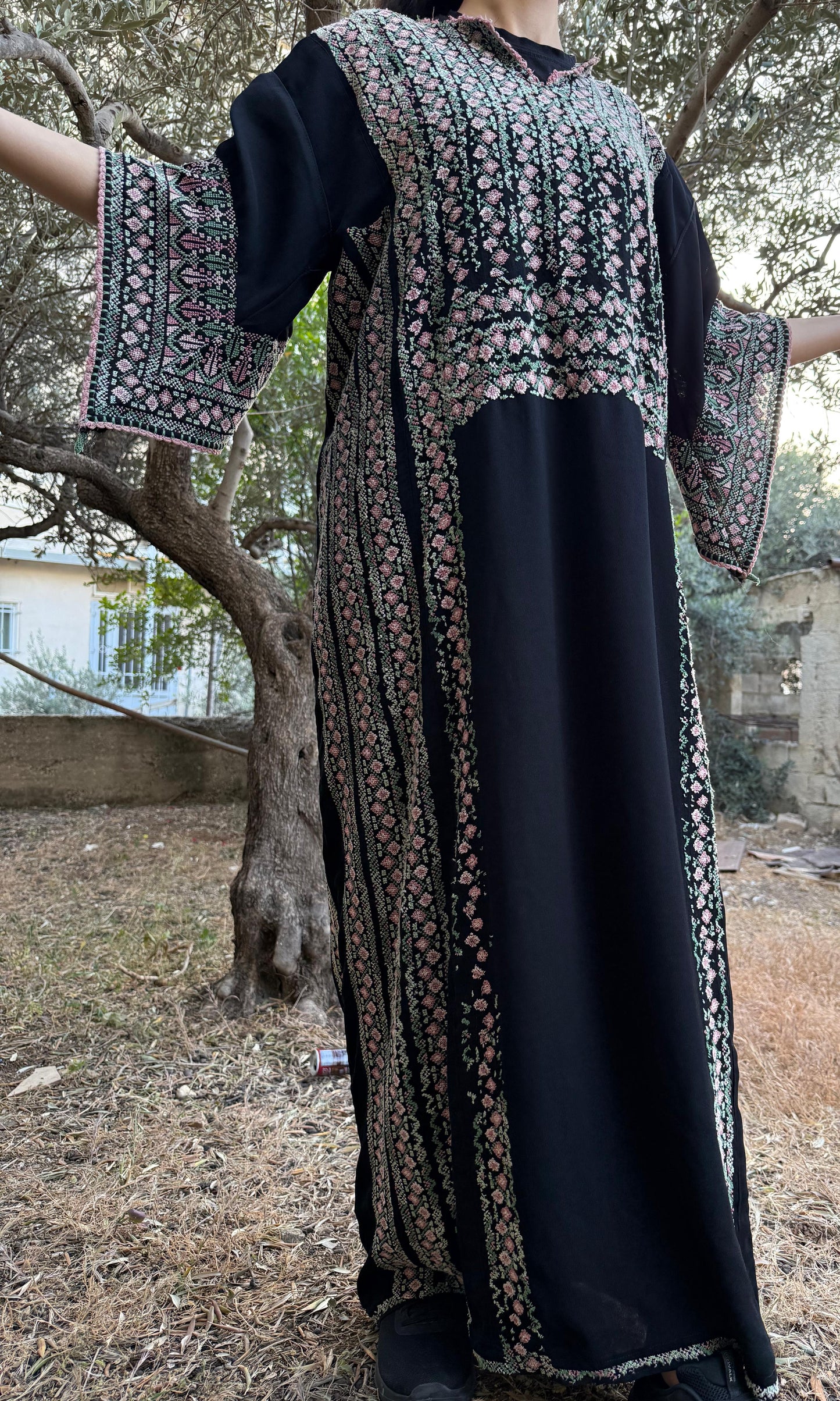 Handwoven Palestinian Thobe – Black with Colorful Tatreez