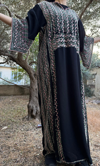 Handwoven Palestinian Thobe – Black with Colorful Tatreez
