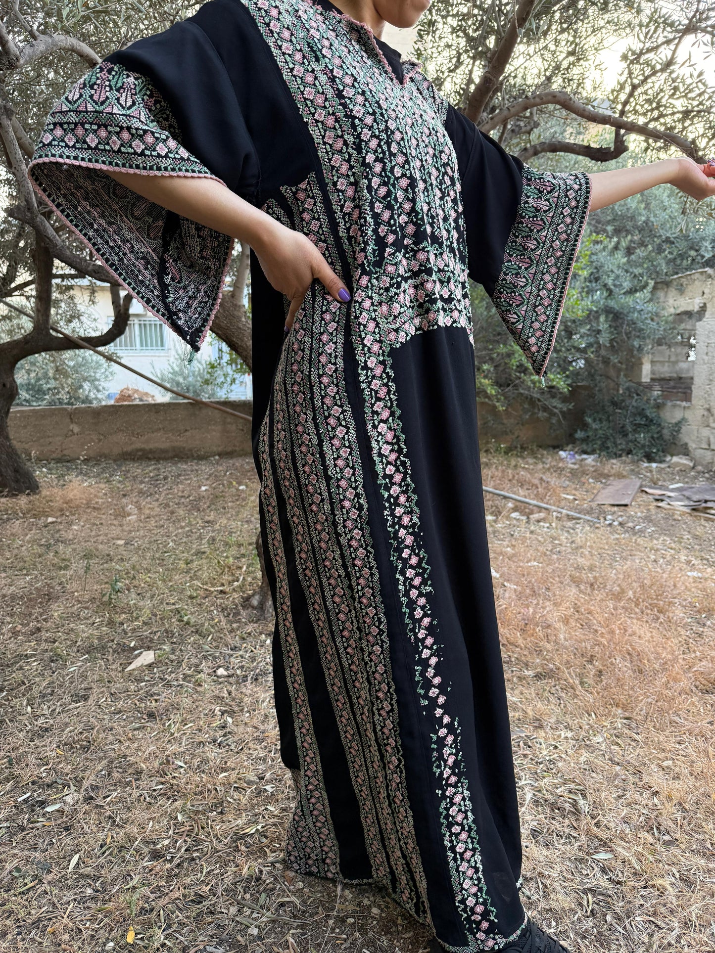 Handwoven Palestinian Thobe – Black with Colorful Tatreez