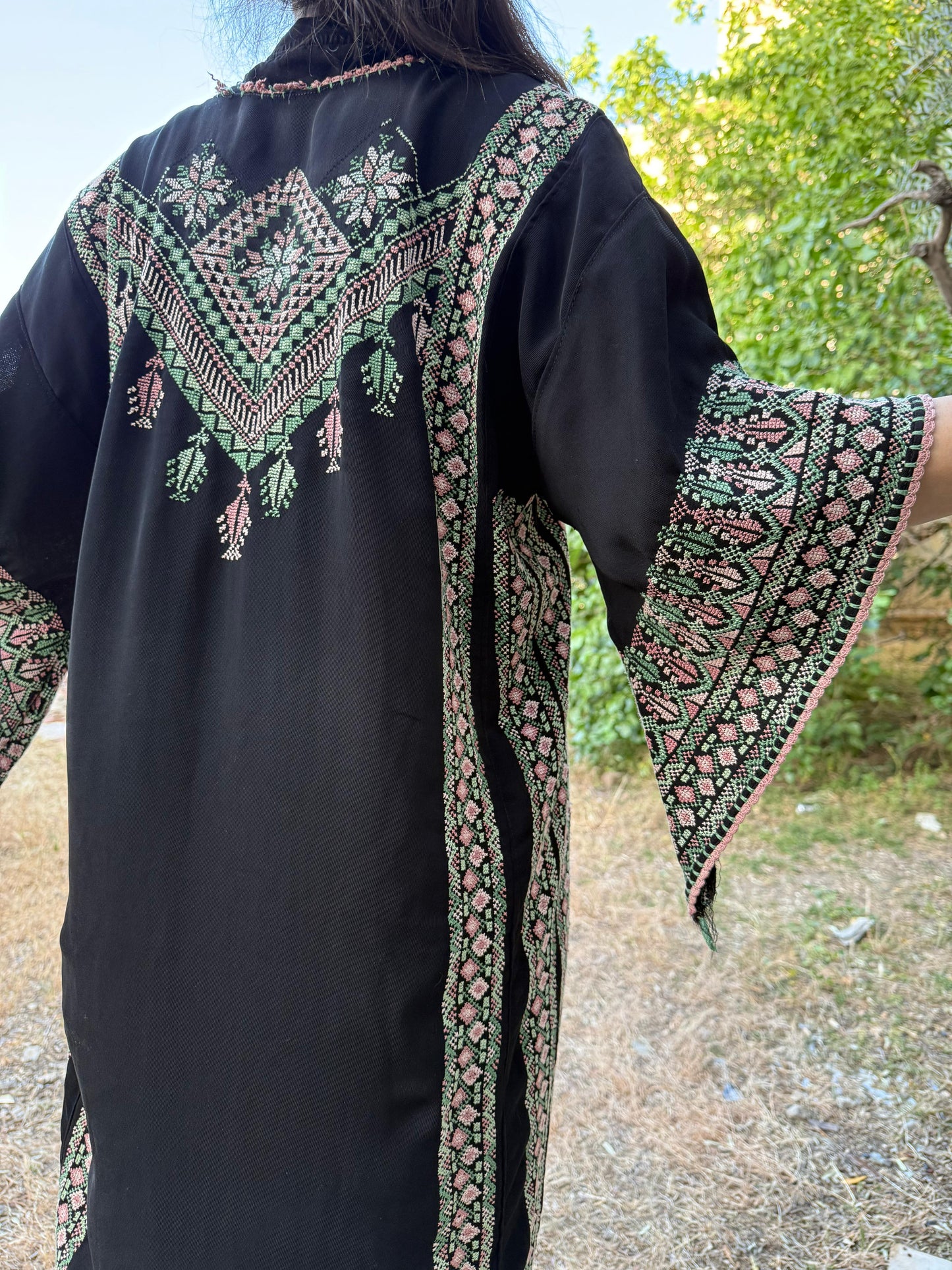 Handwoven Palestinian Thobe – Black with Colorful Tatreez