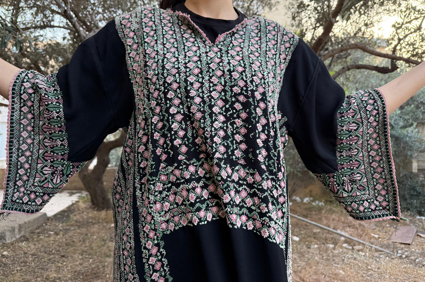Handwoven Palestinian Thobe – Black with Colorful Tatreez
