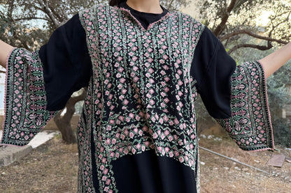 Handwoven Palestinian Thobe – Black with Colorful Tatreez