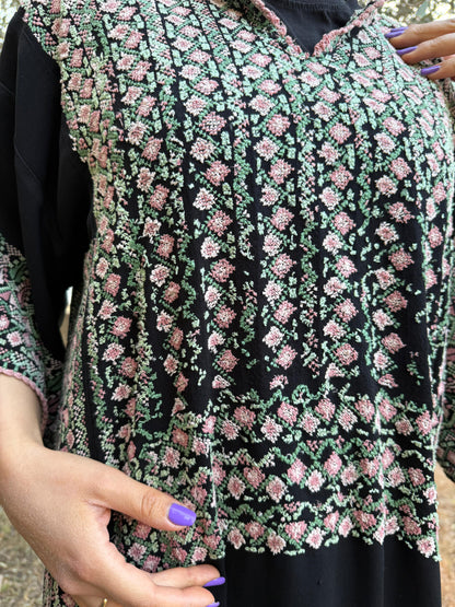Handwoven Palestinian Thobe – Black with Colorful Tatreez