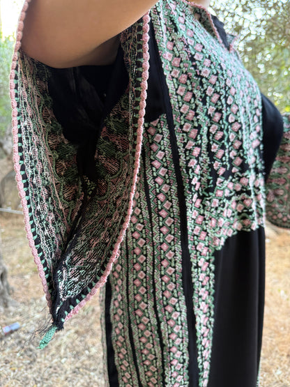 Handwoven Palestinian Thobe – Black with Colorful Tatreez