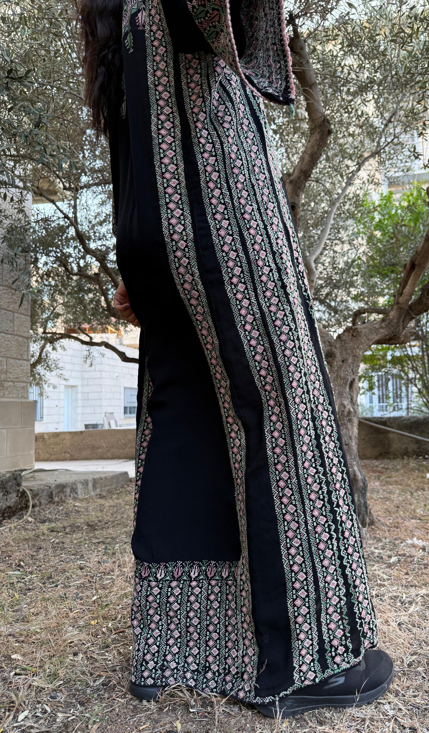 Handwoven Palestinian Thobe – Black with Colorful Tatreez