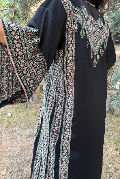 Handwoven Palestinian Thobe – Black with Colorful Tatreez