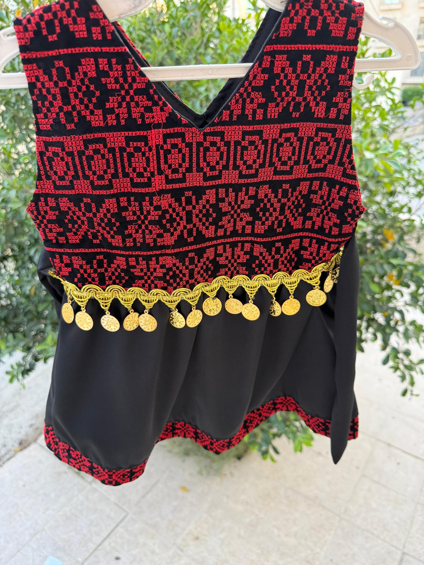 Girls’ Traditional Thobe Dress – Black with Red Embroidery