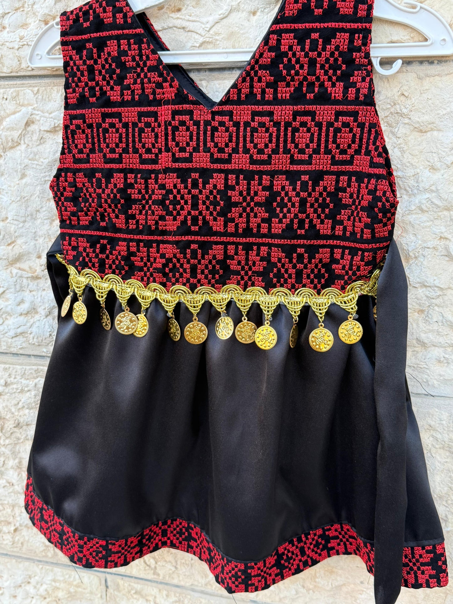 Girls’ Traditional Thobe Dress – Black with Red Embroidery