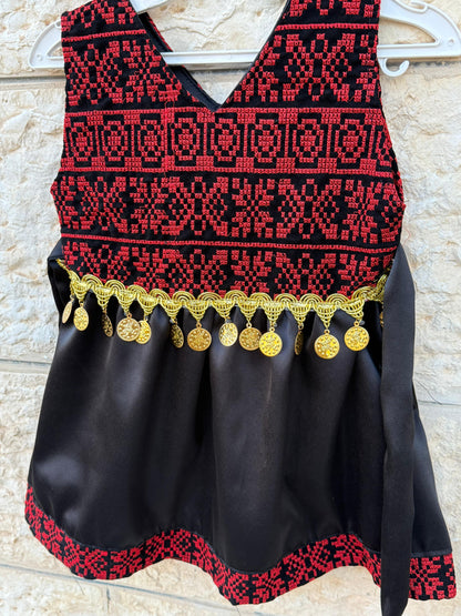 Girls’ Traditional Thobe Dress – Black with Red Embroidery