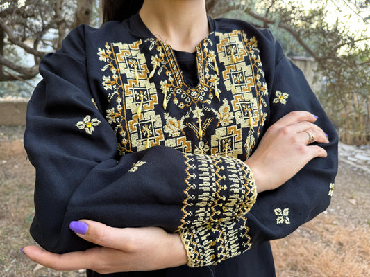 Handwoven Thobe – Black with Exceptional Yellow Tatreez