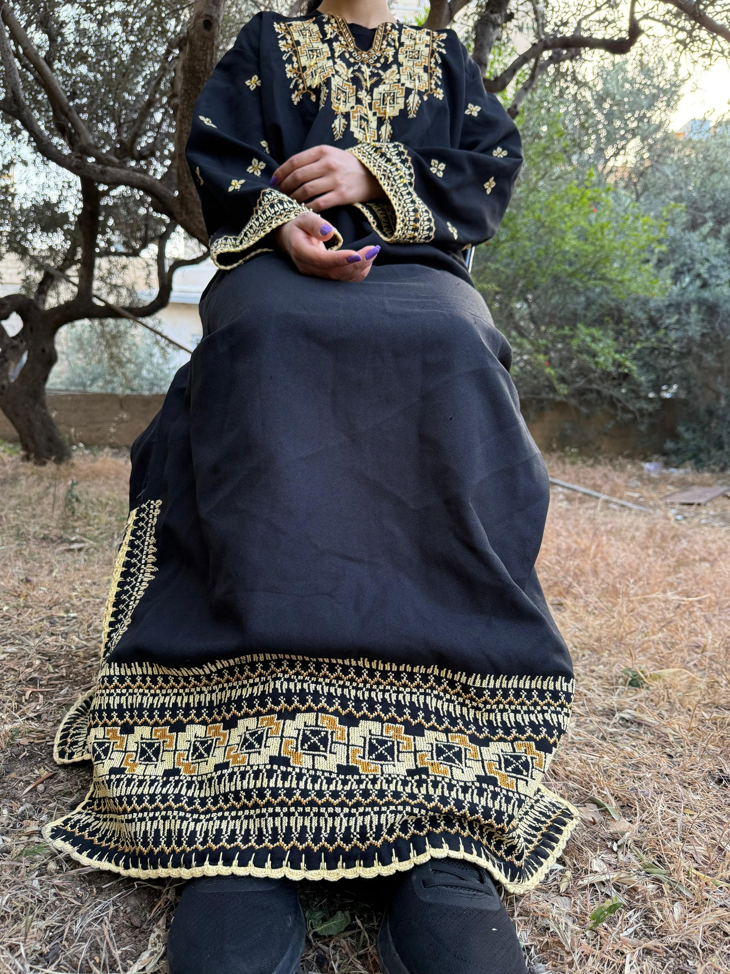 Handwoven Thobe – Black with Exceptional Yellow Tatreez