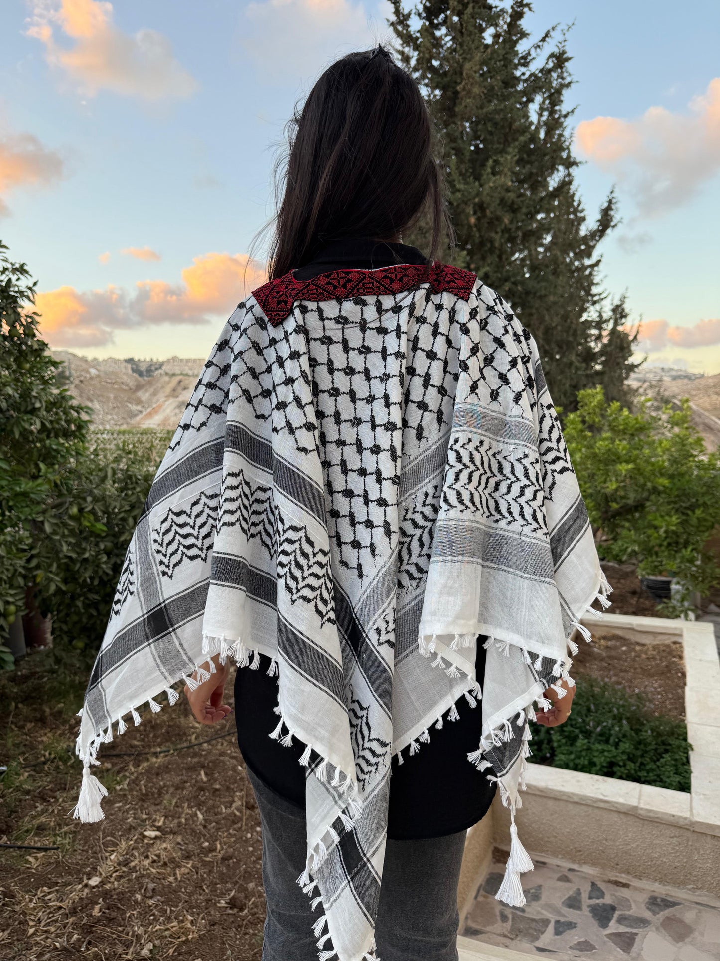 Women's Palestinian Keffiyeh Poncho Blouse – Red & Black Tatreez Embroidery | One Size
