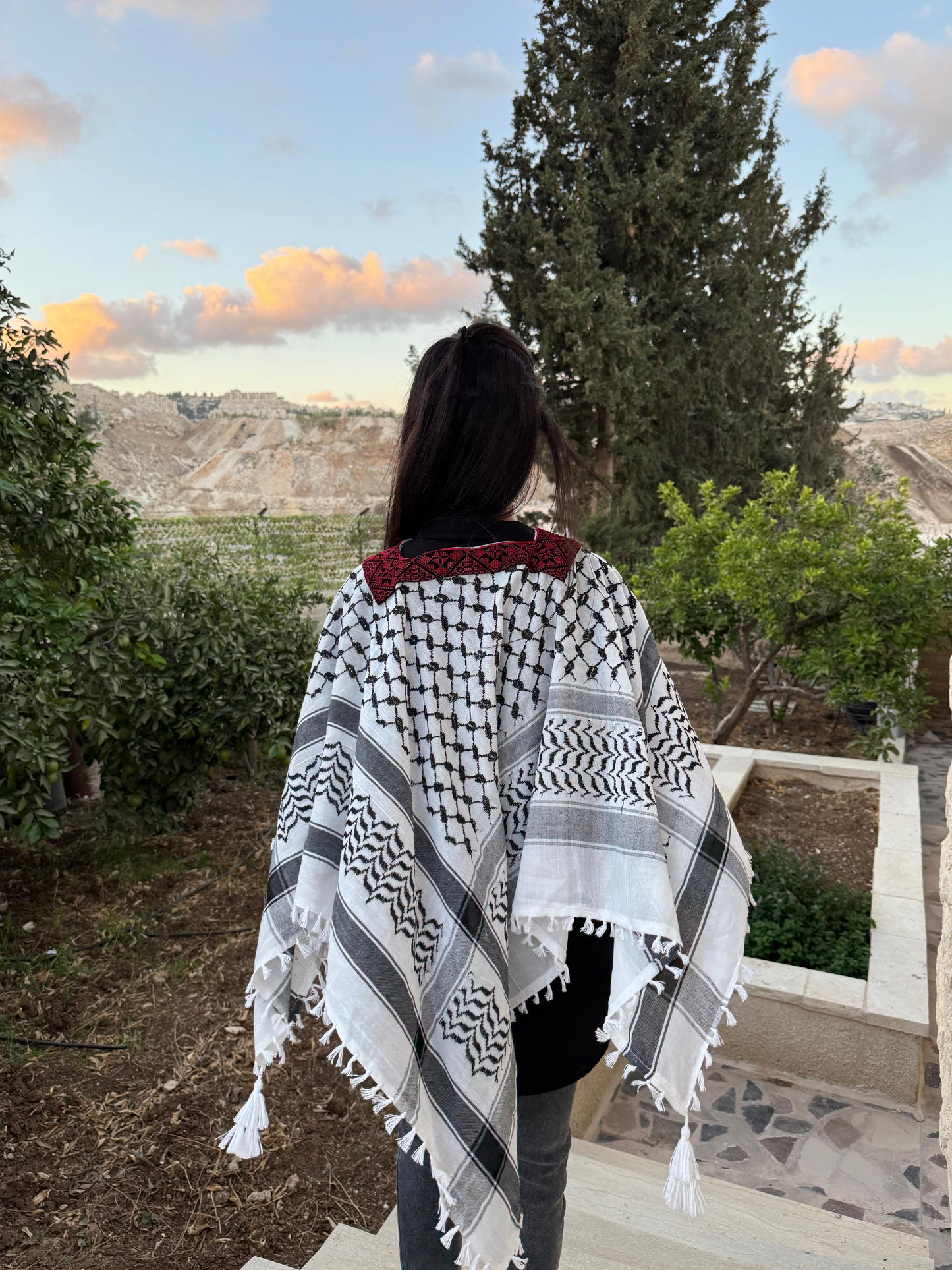 Women's Palestinian Keffiyeh Poncho Blouse – Red & Black Tatreez Embroidery | One Size