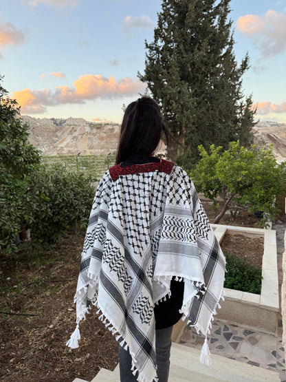 Women's Palestinian Keffiyeh Poncho Blouse – Red & Black Tatreez Embroidery | One Size