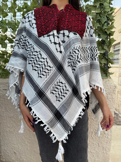 Women's Palestinian Keffiyeh Poncho Blouse – Red & Black Tatreez Embroidery | One Size