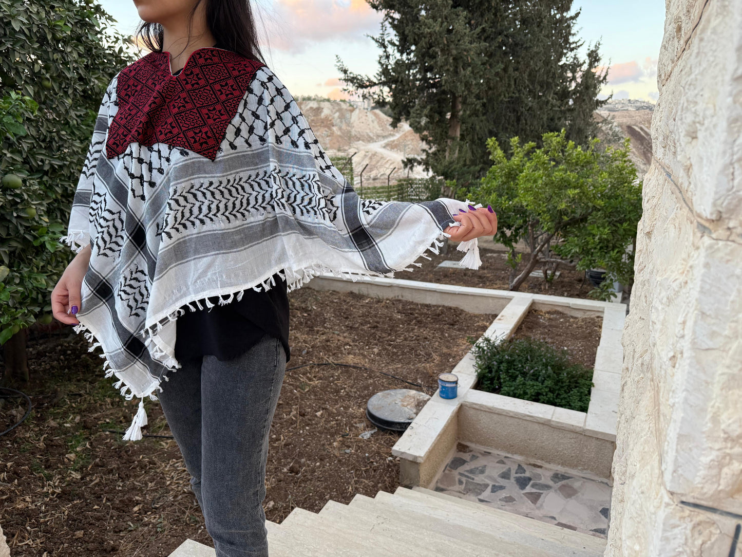 Women's Palestinian Keffiyeh Poncho Blouse – Red & Black Tatreez Embroidery | One Size