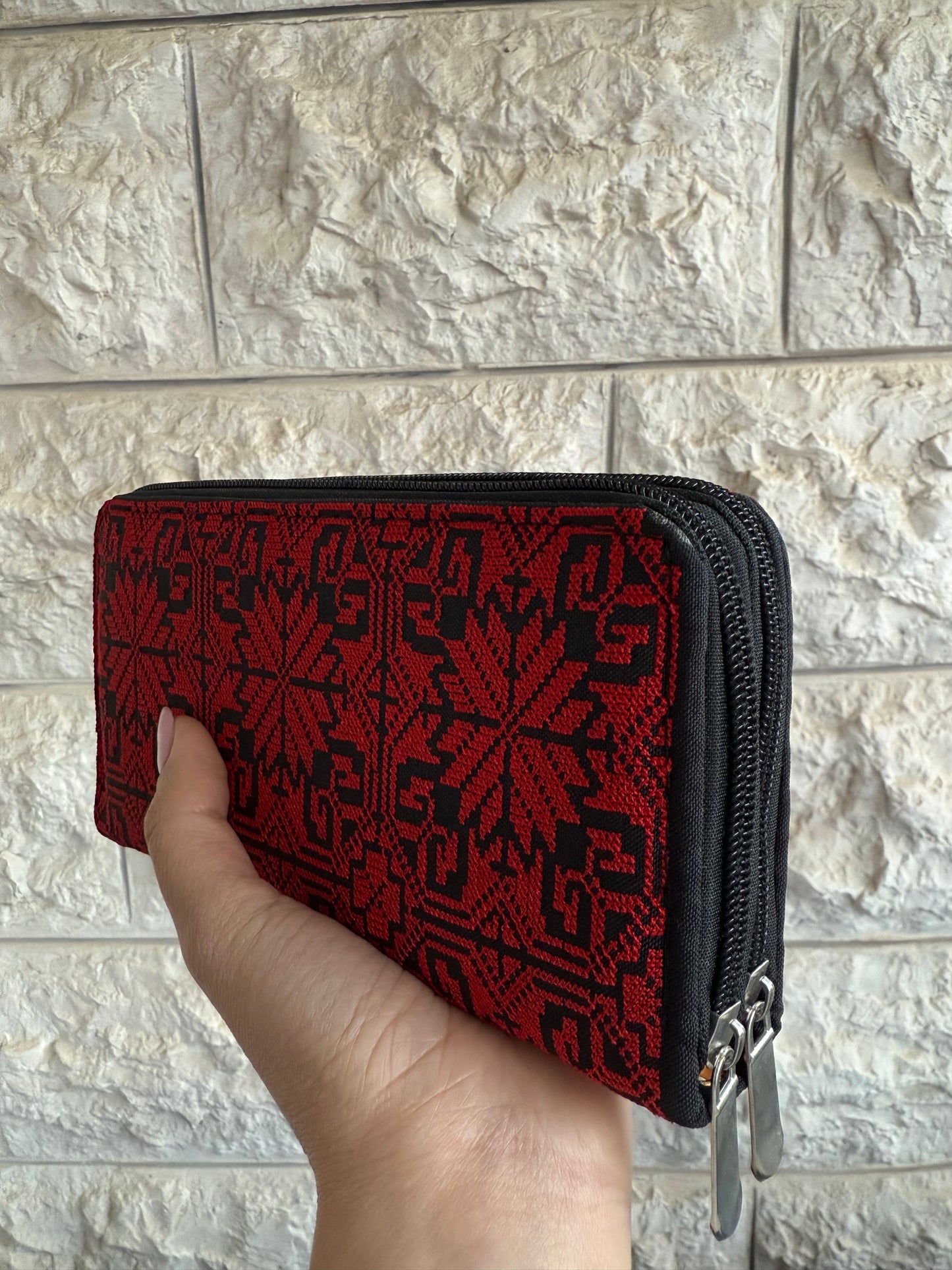 Red & Black Palestinian Embroidered Wallet – Double Zipper Clutch