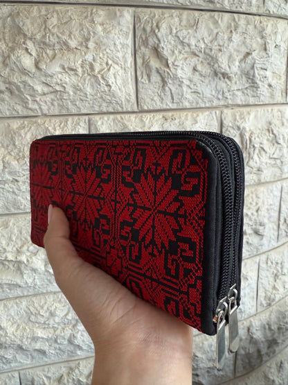 Red & Black Palestinian Embroidered Wallet – Double Zipper Clutch