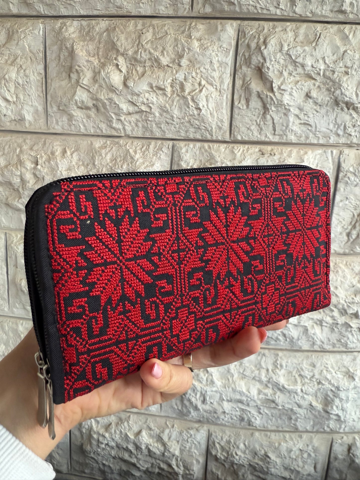 Red & Black Palestinian Embroidered Wallet – Double Zipper Clutch