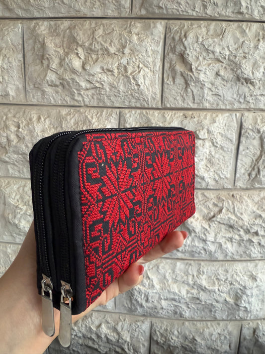 Red & Black Palestinian Embroidered Wallet – Double Zipper Clutch