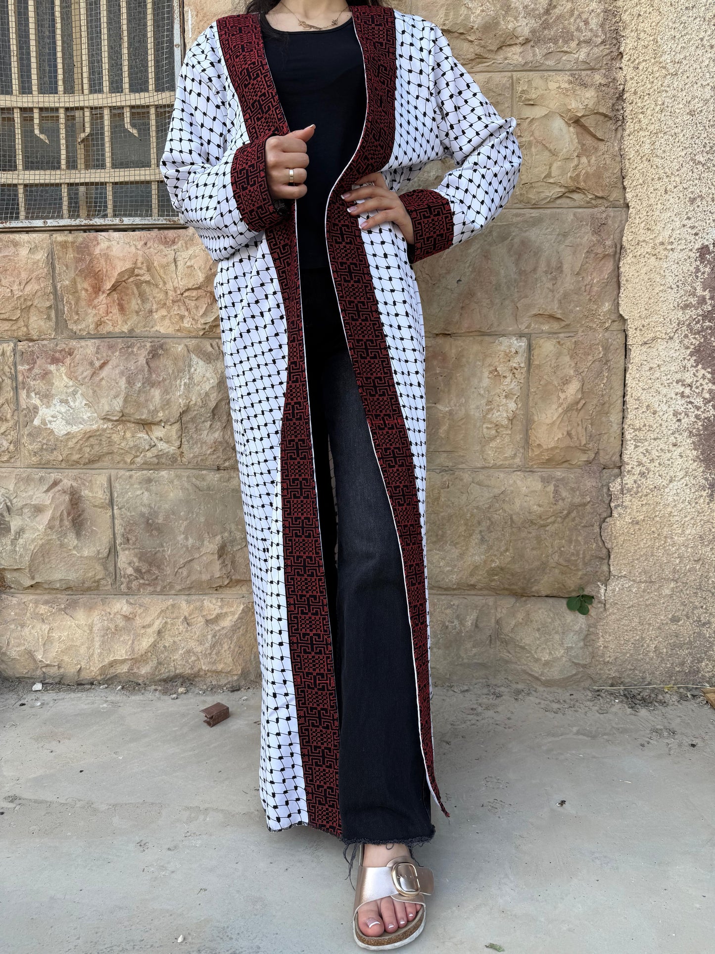 Arafat Pattern Abaya for Women with Red and Black Tatreez Embroidery