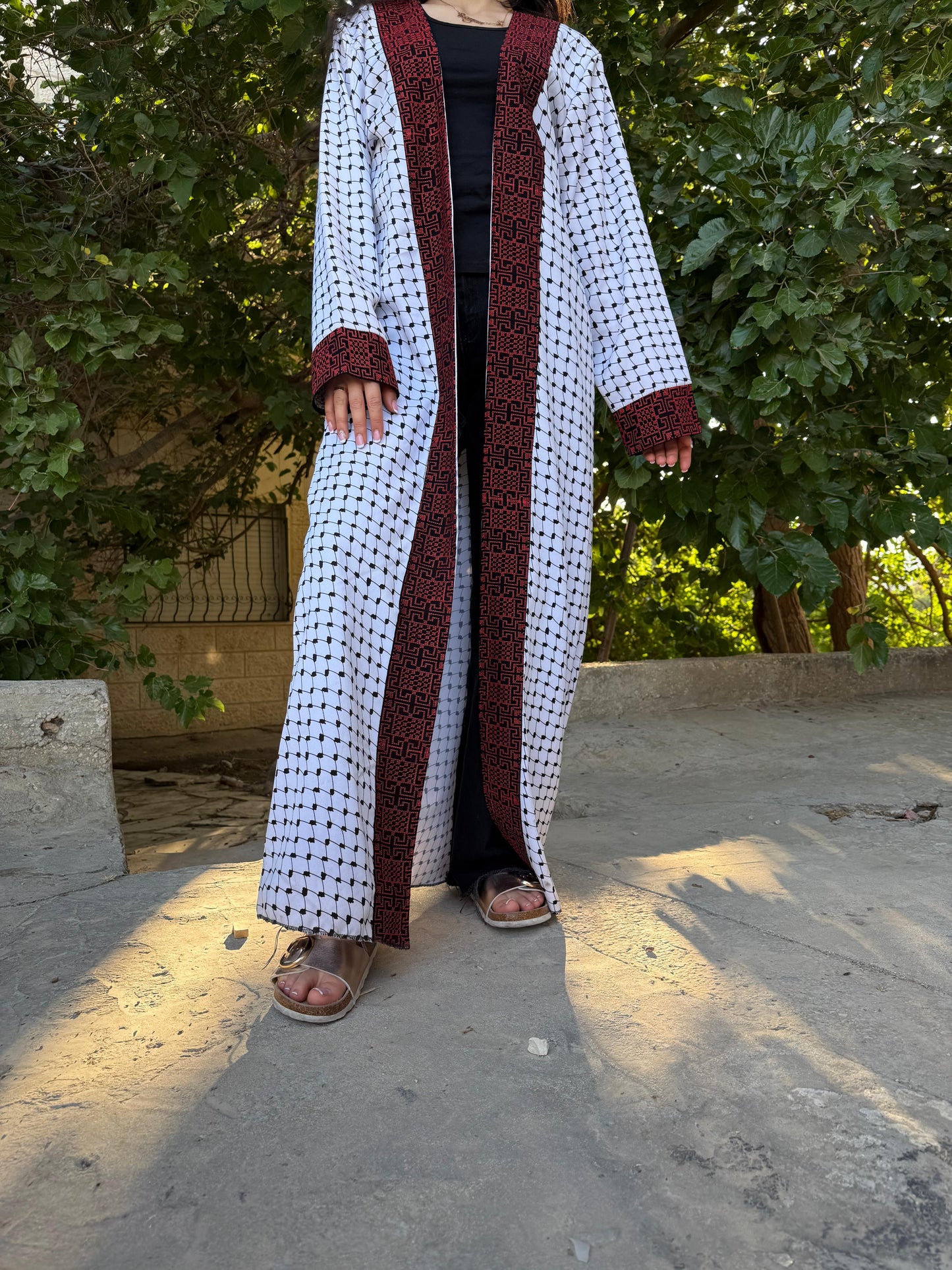 Arafat Pattern Abaya for Women with Red and Black Tatreez Embroidery