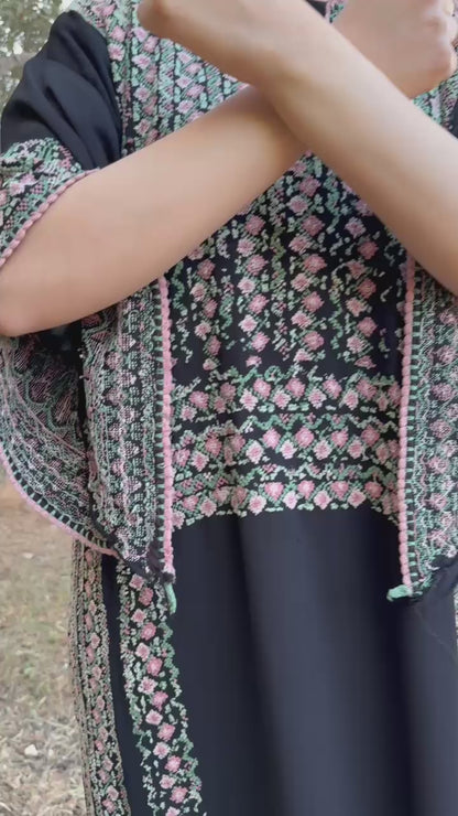 Handwoven Palestinian Thobe – Black with Colorful Tatreez