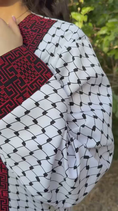 Arafat Pattern Abaya for Women with Red and Black Tatreez Embroidery